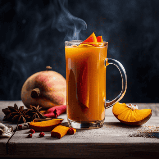 An image showcasing a vibrant cup of turmeric peach tea, infused with golden hues and juicy peach slices