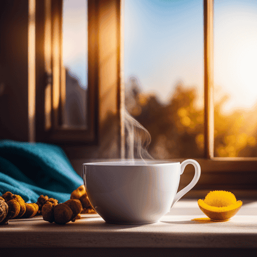 An image depicting a serene morning scene with a steaming cup of vibrant, golden turmeric tea placed on a sunlit windowsill, surrounded by fresh ingredients like ginger, lemon, and honey