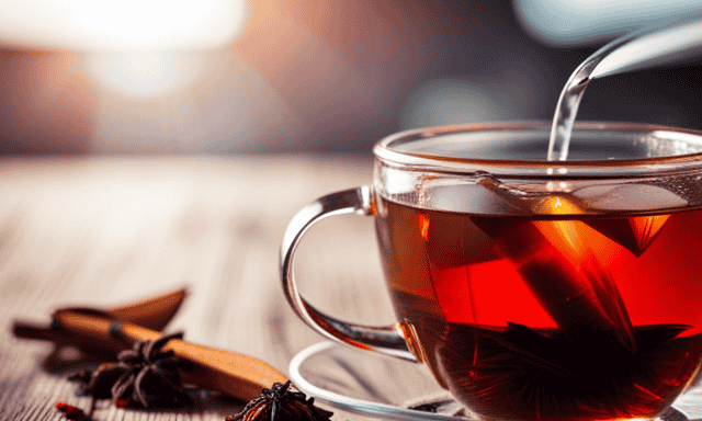 An image showcasing a steaming cup of vanilla rooibos tea, highlighted by warm tones of red and brown