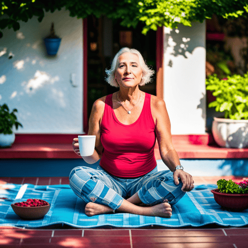 An image showcasing a serene woman sitting cross-legged on a sun-drenched patio, delicately holding a steaming cup of Yogi Women Raspberry Tea