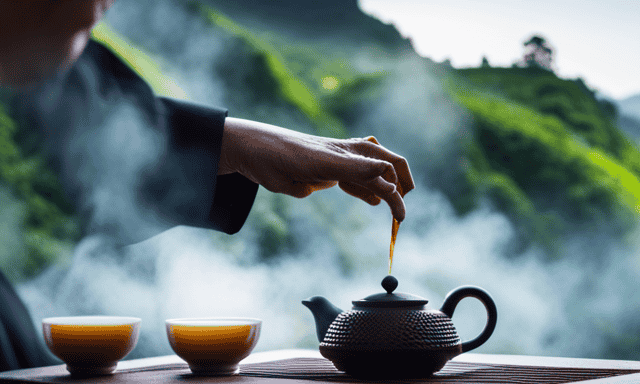 the essence of Wuyi Oolong Tea: In a serene setting, a skilled tea master gracefully pours the golden liquor from a small clay teapot into delicate cups, surrounded by lush green tea leaves and a background of towering Wuyi Mountains