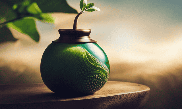An image depicting a vibrant gourd filled with freshly brewed yerba mate, surrounded by delicate green leaves, wisps of steam rising, capturing the essence of this traditional South American drink