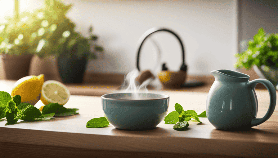 An image of a serene, minimalist kitchen countertop with a steaming cup of Yogi Tea Detox placed next to a bowl of freshly sliced lemons and a sprig of vibrant mint, evoking a sense of purification and rejuvenation