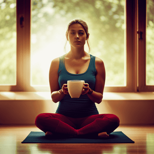 An image that showcases a serene, sunlit room with a person sitting cross-legged, savoring a warm cup of Yogi Tea