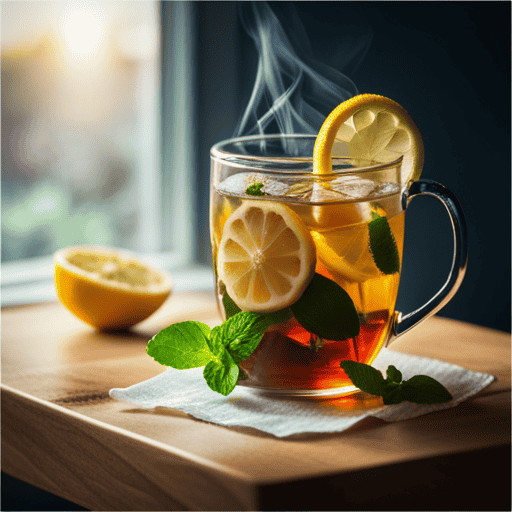 An image that showcases a steaming cup of herbal lemon tea, adorned with vibrant lemon slices, a sprig of fresh mint, and delicate chamomile flowers