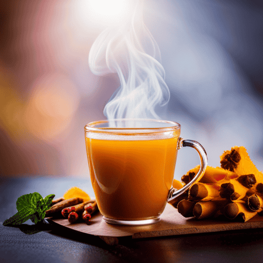 An image showcasing a steaming mug of golden turmeric herbal tea, surrounded by freshly grated ginger, cinnamon sticks, and a sprig of mint, evoking the vibrant flavors and soothing aroma of Zeodary Herbal Tea