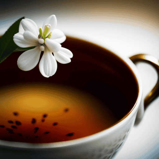 An image showcasing a porcelain teacup filled with golden-hued jasmine tea, delicate white jasmine flowers gently unfurling atop the cup's rim, while aromatic steam gracefully dances around them