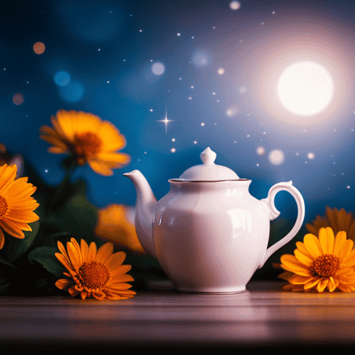 An image featuring a serene night sky adorned with a celestial teapot made of twinkling stars, gently pouring a vibrant blend of celestial herbs into a teacup, surrounded by ethereal moonlit flowers