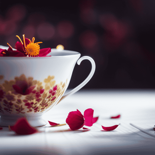 An image showcasing a delicate teacup filled with a fragrant infusion of chamomile petals gracefully swirling in golden liquid, while vibrant rose petals elegantly float on the surface, enticing readers to explore the world of floral tea blends