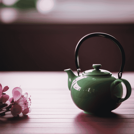 An image showcasing a delicate, porcelain teapot filled with steaming matcha green tea, emitting a vibrant emerald hue