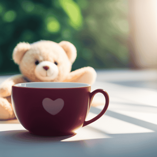 An image showcasing a serene, sunlit nursery with a delicate porcelain teacup filled with chamomile tea, beside a plush teddy bear