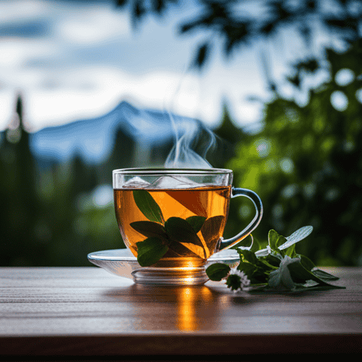 An image featuring a serene setting with a steamy cup of herbal tea