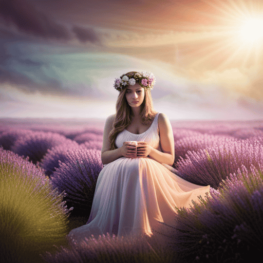 An image showcasing a serene, pastel-toned scene with a glowing pregnant woman cradling a cup of chamomile tea while surrounded by blooming lavender, ginger root, raspberry leaf, and nettle plants