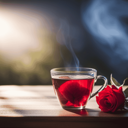 An image showcasing a serene setting with a delicate, blooming red rose gently steeping in a steaming cup of herbal tea