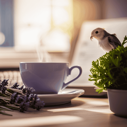 An image showcasing a cozy, sunlit corner with a delicate porcelain teacup filled with chamomile tea, surrounded by fresh sprigs of lavender, mint, and rosemary