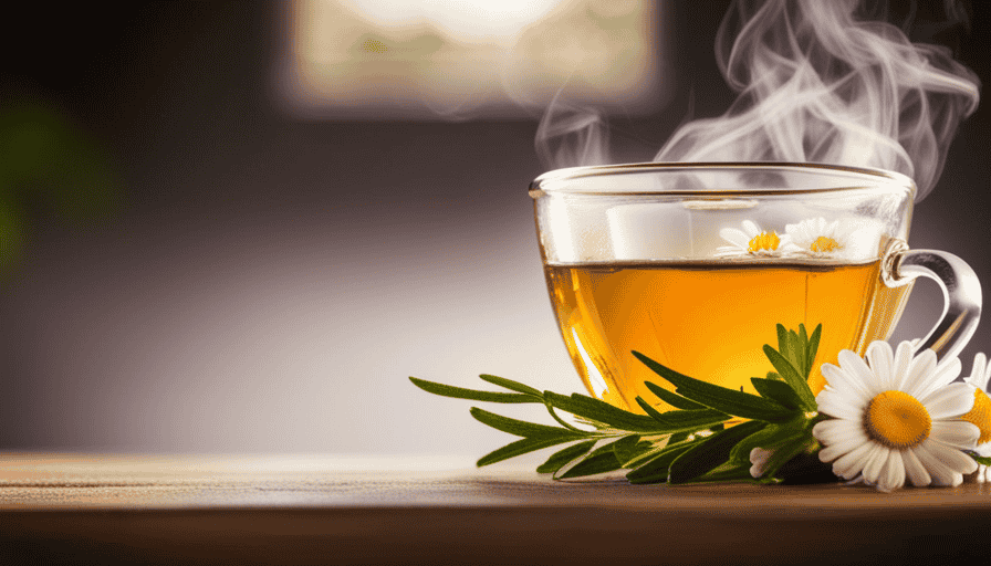 An image featuring a soothing cup of chamomile tea with steam rising gently from it, surrounded by fresh lavender and mint leaves