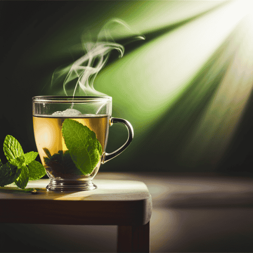 An image showcasing a serene scene: a warm cup of peppermint tea steaming gently, surrounded by fresh mint leaves and fennel seeds, evoking a soothing ambiance perfect for relieving bloating