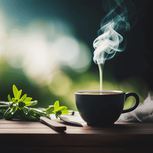 An image featuring a steaming cup of chamomile tea, surrounded by vibrant green herbs like thyme, sage, and eucalyptus