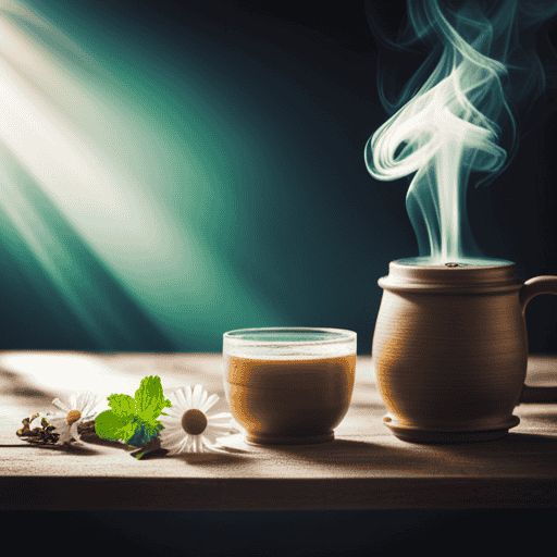 An image featuring a serene, rustic wooden table adorned with a steaming cup of chamomile tea, surrounded by fresh peppermint leaves and slices of comforting ginger, evoking a soothing relief for those experiencing diarrhea