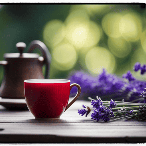 An image that showcases a serene, rustic setting with a steaming cup of chamomile tea, adorned with freshly plucked lavender and hibiscus flowers, symbolizing their potential benefits for lowering high blood pressure
