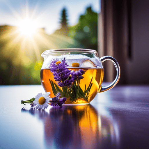 An captivating image showcasing vibrant, lush herbal tea leaves of chamomile and lavender gently steeping in a clear glass teapot, radiating soothing colors that evoke relaxation and healthy skin