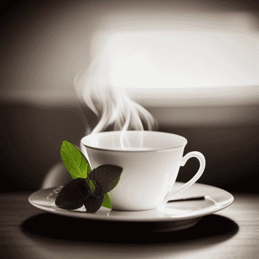 An image showcasing a delicate white porcelain teacup filled with soothing chamomile tea, steam gently rising