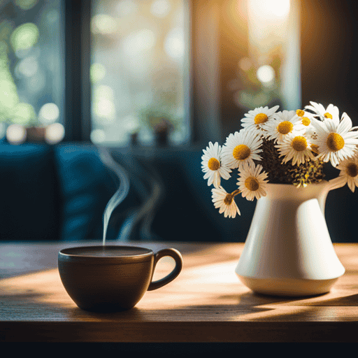 An image showcasing a serene, sunlit room with a steaming cup of chamomile tea, surrounded by a vibrant bouquet composed of soothing herbs like peppermint, lavender, and ginger, all known for their headache-relieving properties