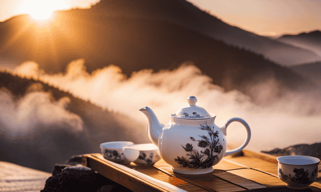 An image featuring a traditional Chinese teapot pouring a steaming cup of amber-colored oolong tea