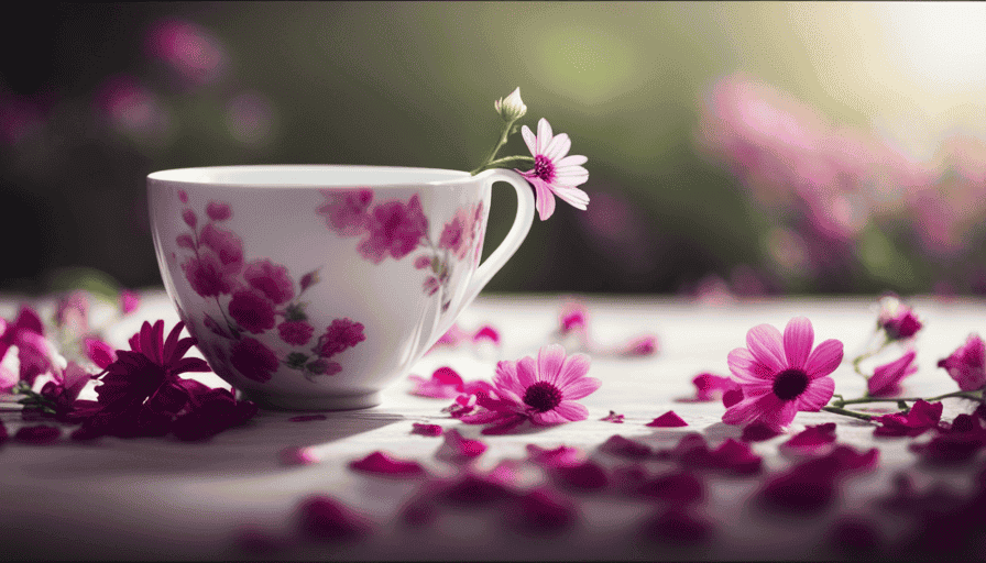 An image showcasing a delicate porcelain teacup, adorned with vibrant petals of various flowers, gently bruised to release their essence into a steaming brew