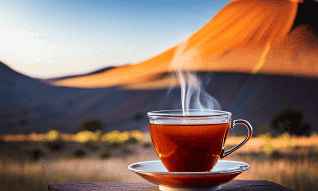 An image showcasing a warm, amber-colored cup of rooibos tea, its fragrant steam gently rising, surrounded by a picturesque African landscape