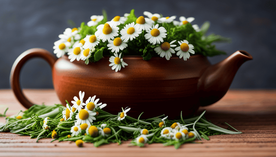 An image showcasing a vibrant collage of freshly picked chamomile, mint leaves, and lavender flowers artfully arranged in a rustic teapot surrounded by a symphony of colorful loose herbal tea leaves
