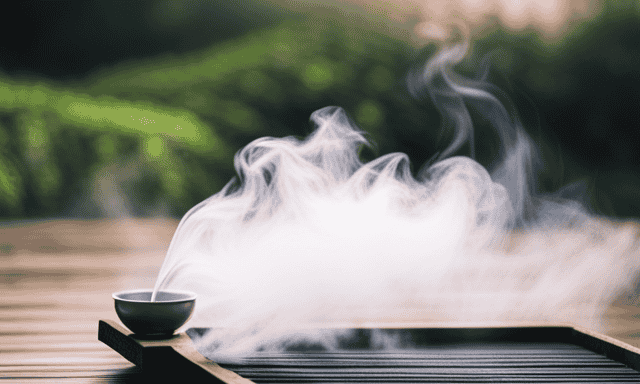 An image that showcases the intricate process of oolong tea production: a skilled tea master rolling delicate tea leaves in a traditional bamboo tray, surrounded by lush tea gardens and the gentle steam rising from the tea leaves