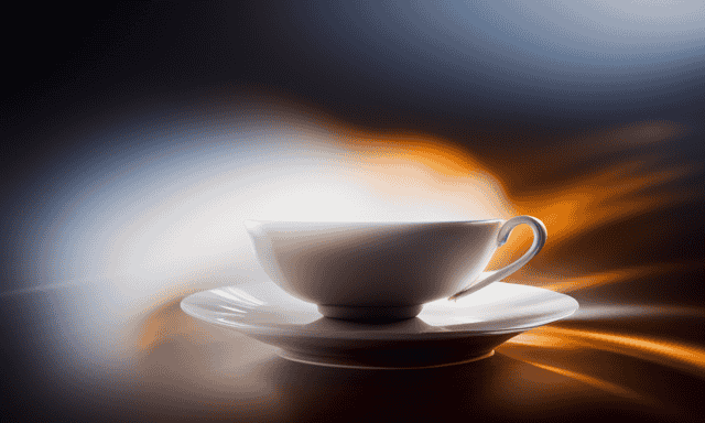 An image of a delicate porcelain teacup, filled with amber-colored liquid that elegantly diffuses a mesmerizing cloud of steam