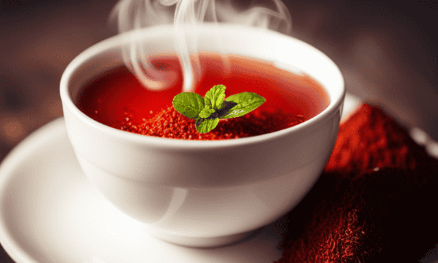 An image showcasing a steaming cup of vibrant red Rooibos tea, elegantly adorned with a sprig of fresh mint