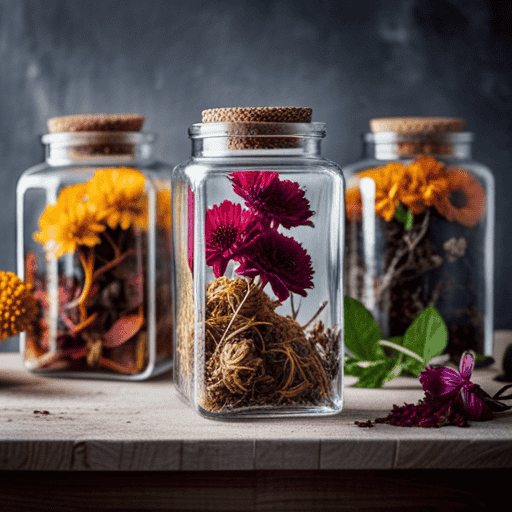 An image showcasing a vibrant, diverse assortment of dried flowers, leaves, and roots, beautifully arranged in glass jars
