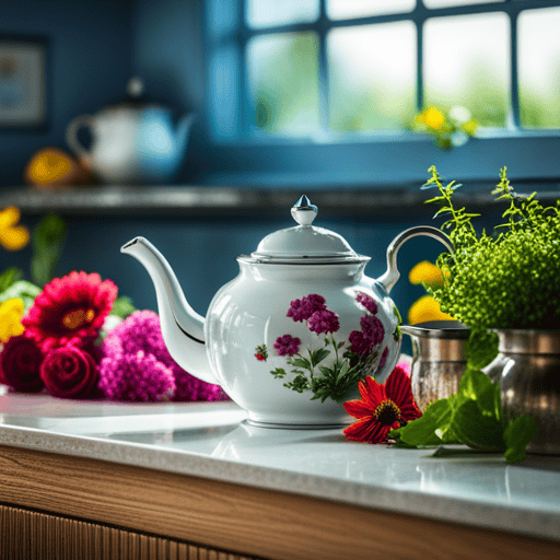 An image that showcases a serene, sunlit kitchen countertop adorned with a beautiful porcelain teapot, surrounded by a variety of fresh, aromatic herbs and vibrant flowers, emphasizing the importance of water selection for brewing the perfect cup of herbal tea
