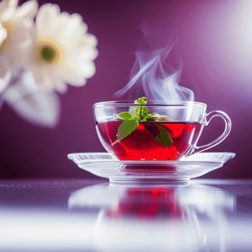 An image showcasing a crystal-clear glass teacup filled with vibrant, ruby-colored herbal jelly