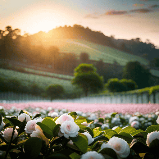 An image showcasing a lush, vibrant tea plantation with rows upon rows of meticulously cultivated Camellia sinensis plants, their delicate white blossoms gracefully swaying in the gentle breeze