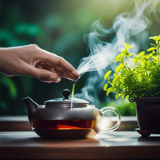 An image capturing the intricate process of herbal tea production: a serene garden filled with vibrant, aromatic herbs; delicate hands carefully plucking leaves; steam rising from a teapot, infusing the air with enchanting fragrances