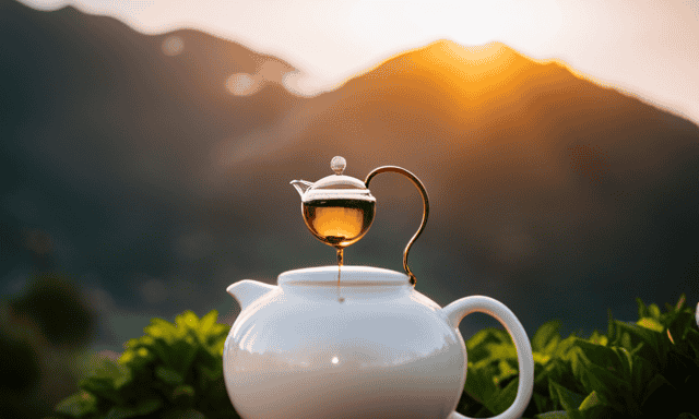 An image depicting a serene tea ceremony: a delicate porcelain teapot pouring golden oolong tea into a transparent glass cup, showcasing its vibrant hue