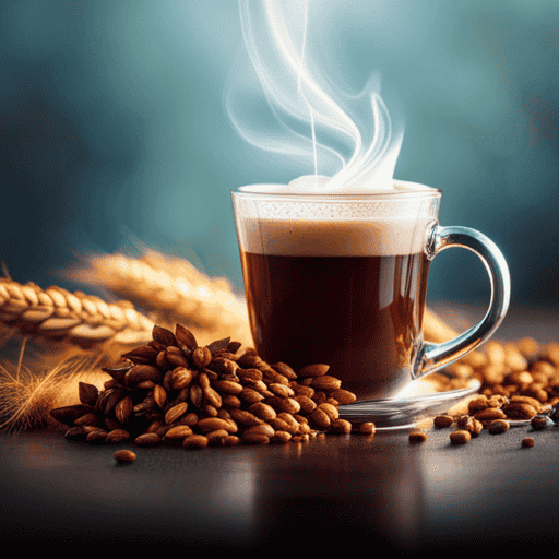 An image showcasing a steaming cup of Postum, surrounded by vibrant illustrations of nutrient-rich ingredients like roasted wheat, molasses, and chicory root, representing the nutritional value of this popular beverage