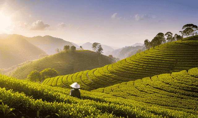An image showcasing a serene, sunlit tea plantation, with rows of meticulously pruned oolong tea bushes stretching towards the horizon