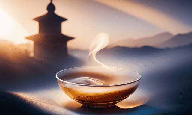 An image that captures the ethereal essence of oolong tea: a delicate porcelain teacup, gently swirling steam rising from its amber liquid, while sunlight filters through a translucent tea leaf, evoking the sensation of its rich, floral, and subtly sweet flavor