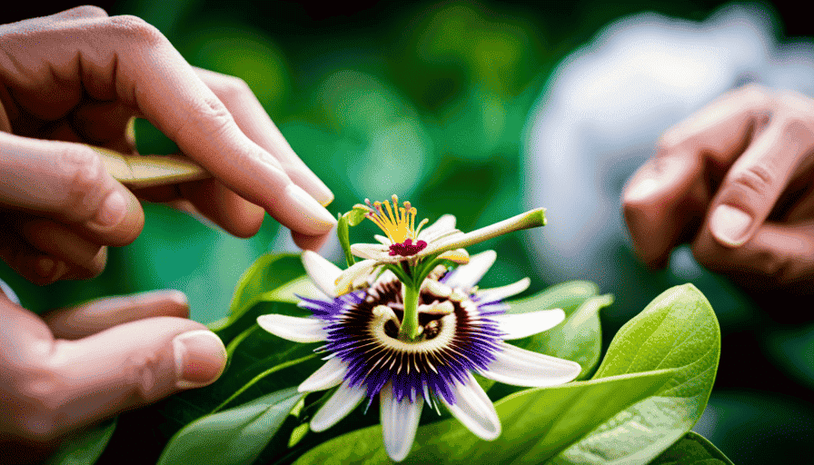 An image that showcases a delicate passion flower blossom, surrounded by vibrant green leaves, while a pair of hands gently plucks the petals, revealing the intricate stamen and pistil used to brew tantalizing passion flower tea