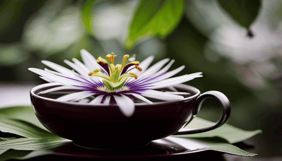 An image featuring a close-up view of a delicate passion flower's vibrant petals gently floating in a clear teacup, surrounded by dried leaves and tendrils, showcasing the exquisite beauty of the flower used for brewing tea