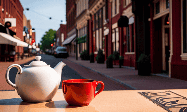 An image showcasing Fostoria's charming downtown street, lined with quaint tea shops