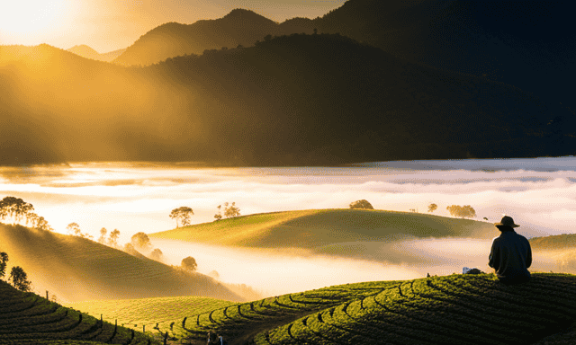 An image featuring a sprawling tea plantation, bathed in soft morning sunlight
