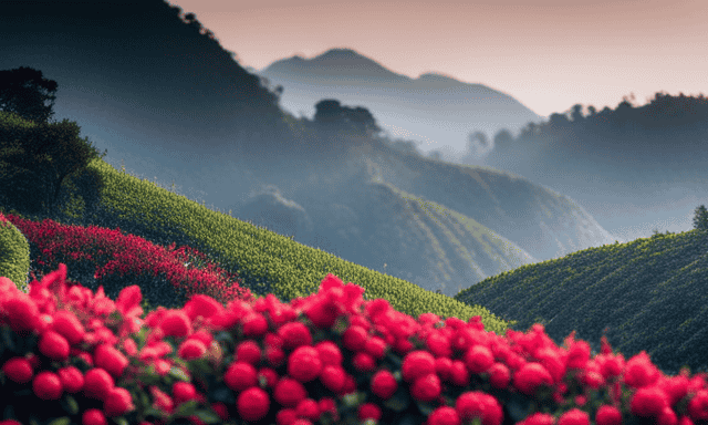 An image showcasing a sprawling tea plantation with meticulously pruned and vibrant Camellia sinensis bushes, their glossy evergreen leaves delicately plucked, revealing the plant from which Oolong tea is derived