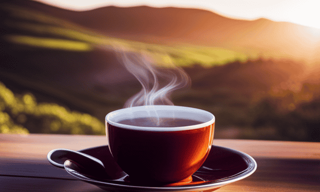 An image showcasing a vibrant, steaming cup of Rooibos tea, swirled with rich reddish hues, exuding an inviting aroma