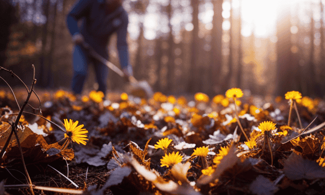 An image that showcases the vibrant colors of autumn, with a person gently harvesting chicory and dandelion roots from the moist, rich soil, while rays of golden sunlight filter through the tree canopy